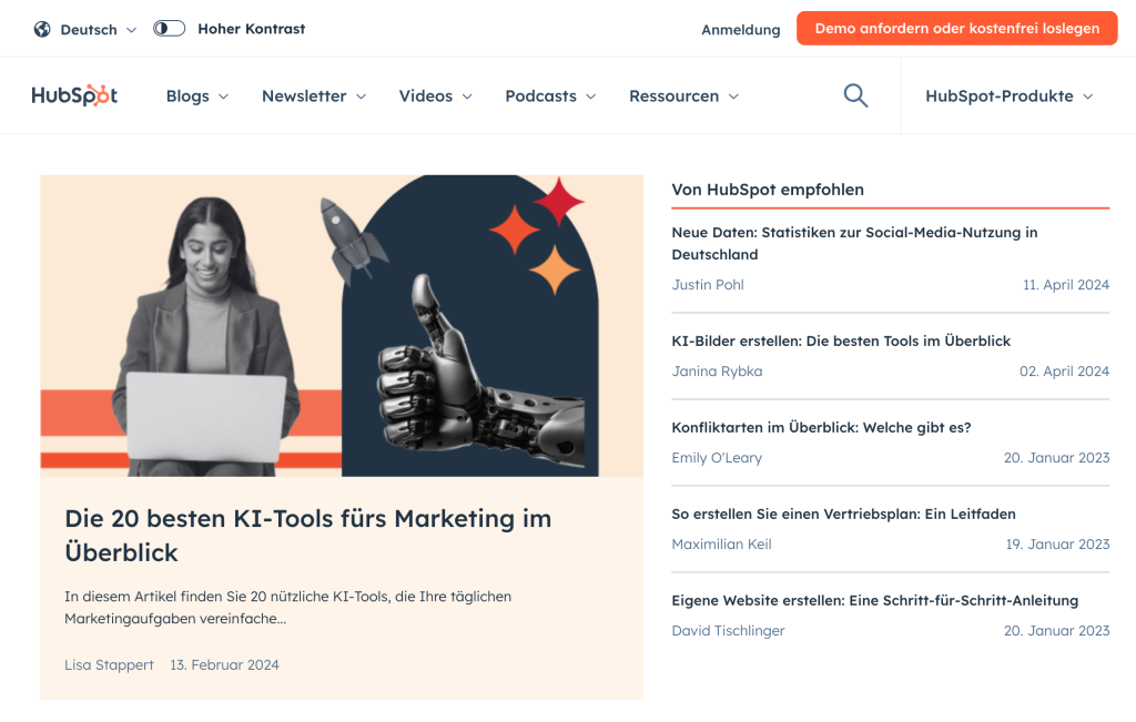 Screenshot des Content Hub von der Seite Hubspot