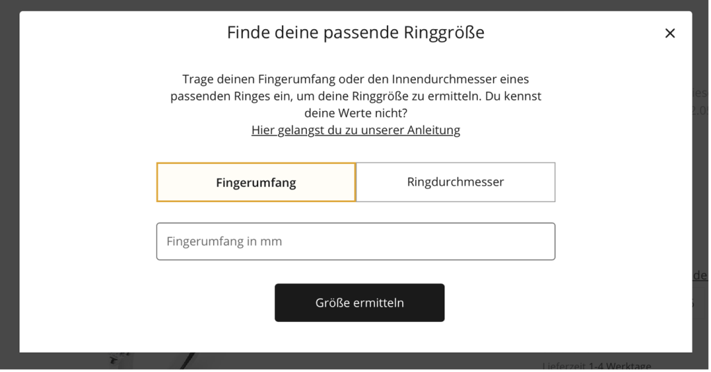 Screenshot der Ringgrößenermittlung bei Christ.