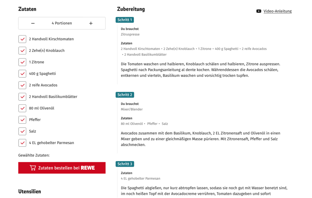 Übersichtlicher Screenshot eines Rezeptes wie Rewe es online zur Verfügung stellt.