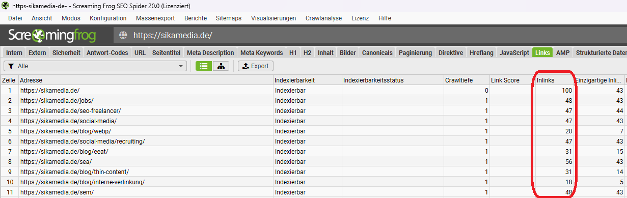 Screenshot Screaming Frog interne Verlinkungen.