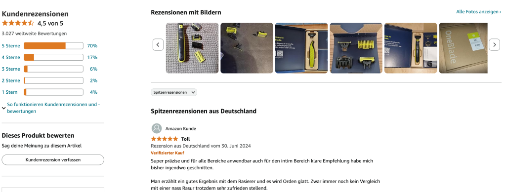 Screenshot der Produktbewertungen auf Amazon