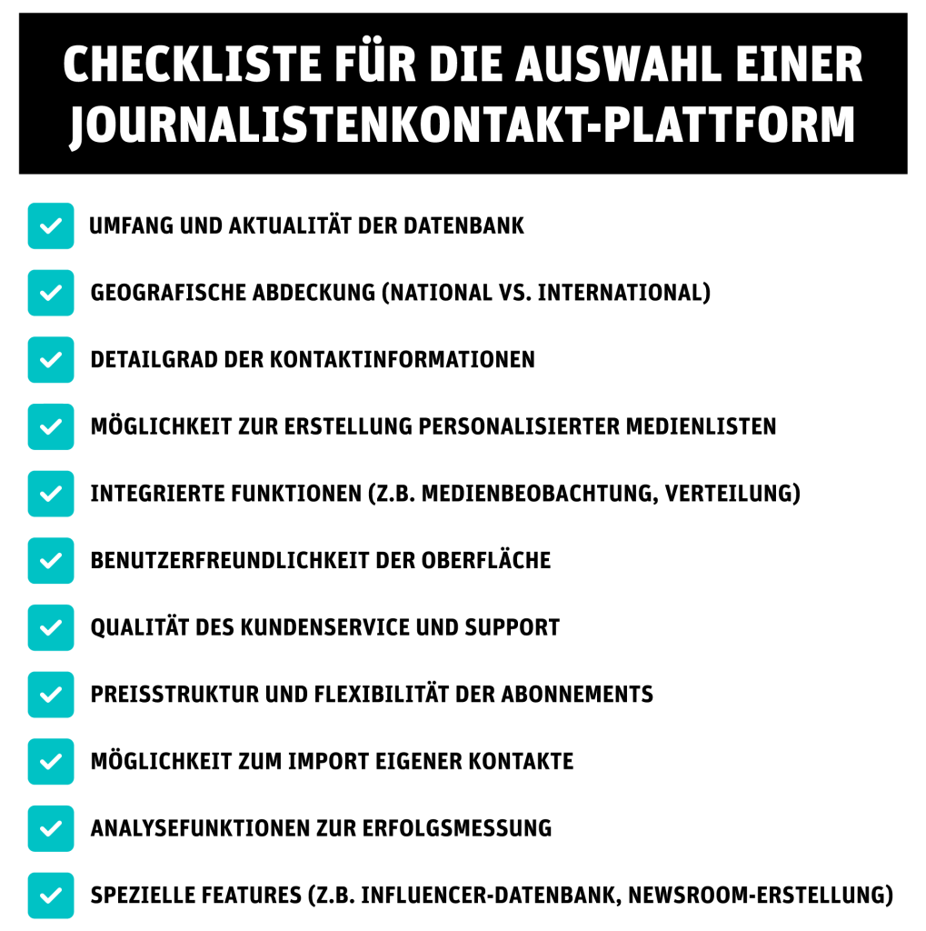 Grafik zeigt die wichtigsten Punkte die man beachten muss wenn man nach einer Plattform für Journalistenkontakte sucht