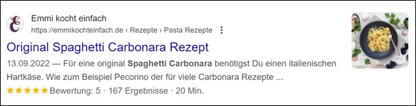 Screenshot eines Rezepte Snippets von Google