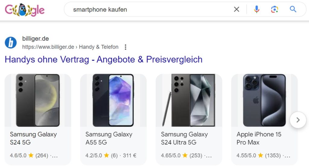 Structured Data Carousel für die Suchanfrage "Smartphone kaufen".